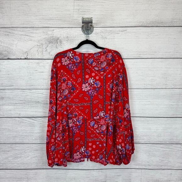 Cato Plus Size Red Floral Tie Front Long Sleeve Blouse Size 26/28W - Picture 6 of 6